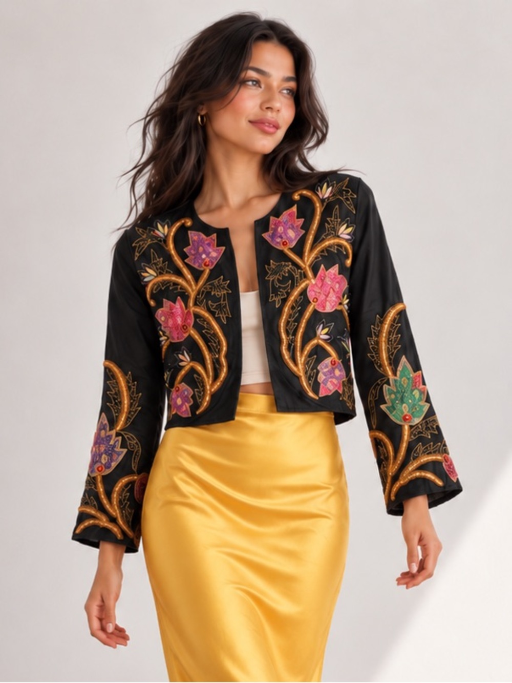 Vintage French Collezioni Beaded Embroidered Silk Bolero Jacket, black